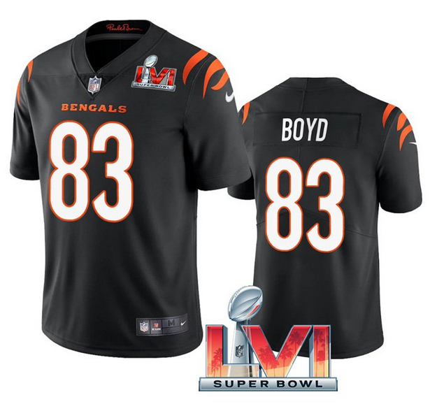 Men's Cincinnati Bengals #83 Tyler Boyd 2022 Black Super Bowl LVI Vapor Limited Stitched Jersey Men's Cincinnati Bengals #83 Tyler Boyd 2022 Black Super Bowl LVI Vapor Limited Stitched Jersey